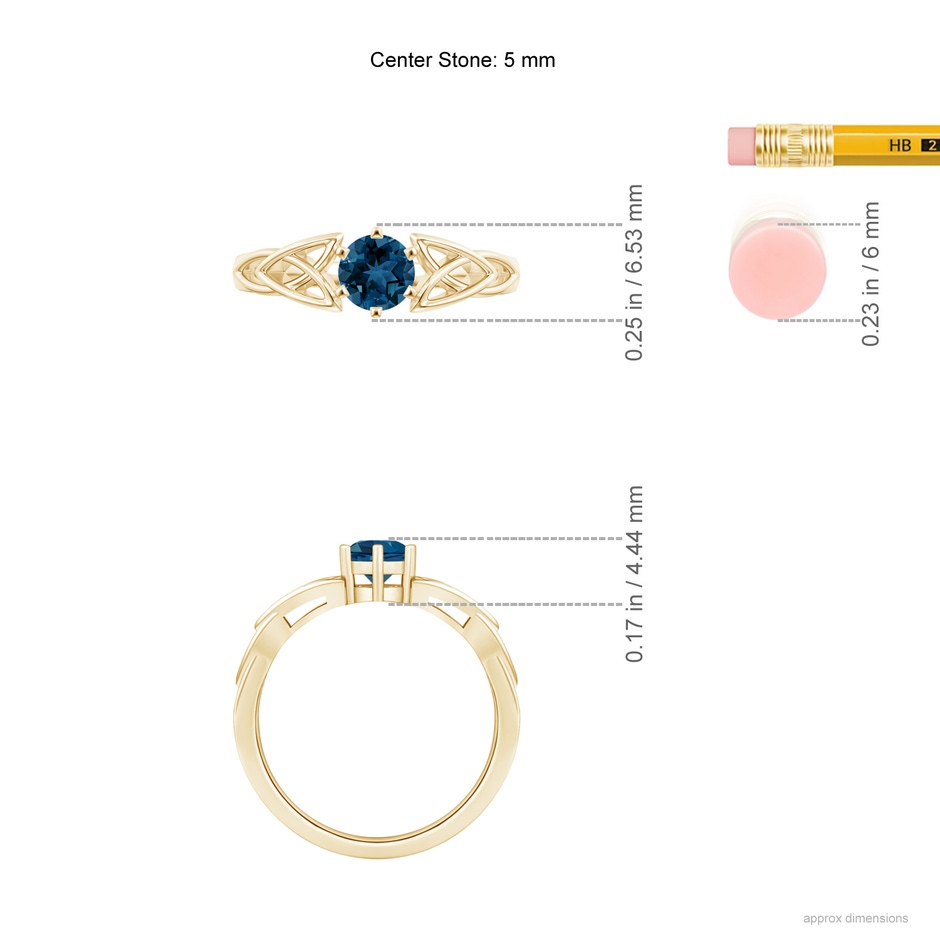 5mm AAA Solitaire Round London Blue Topaz Celtic Knot Ring in Yellow Gold ruler