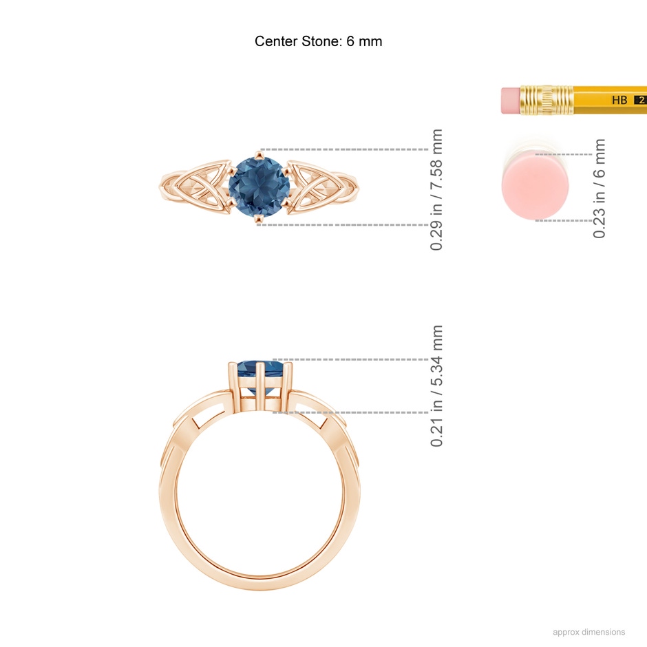 6mm A Solitaire Round London Blue Topaz Celtic Knot Ring in Rose Gold ruler