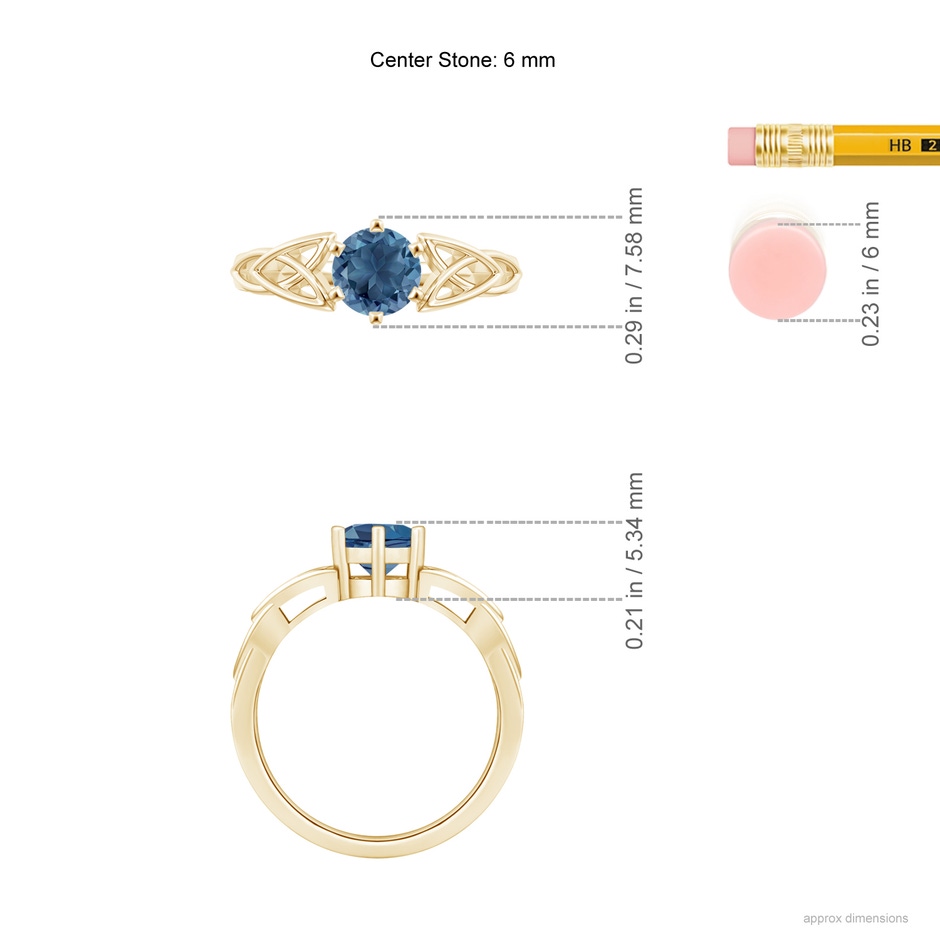 6mm A Solitaire Round London Blue Topaz Celtic Knot Ring in Yellow Gold ruler