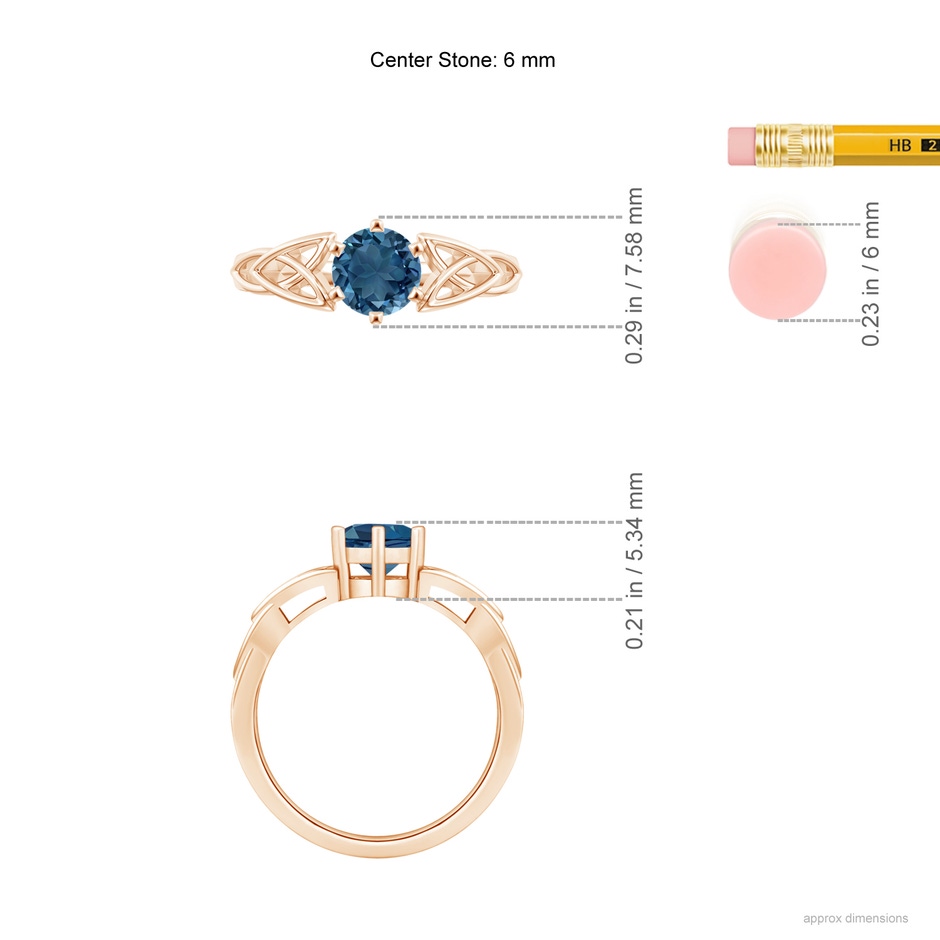 6mm AA Solitaire Round London Blue Topaz Celtic Knot Ring in Rose Gold ruler