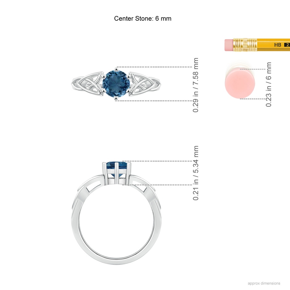 6mm AA Solitaire Round London Blue Topaz Celtic Knot Ring in White Gold ruler