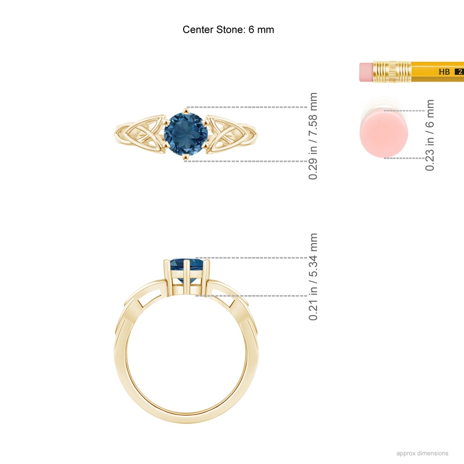 6mm AA Solitaire Round London Blue Topaz Celtic Knot Ring in Yellow Gold ruler