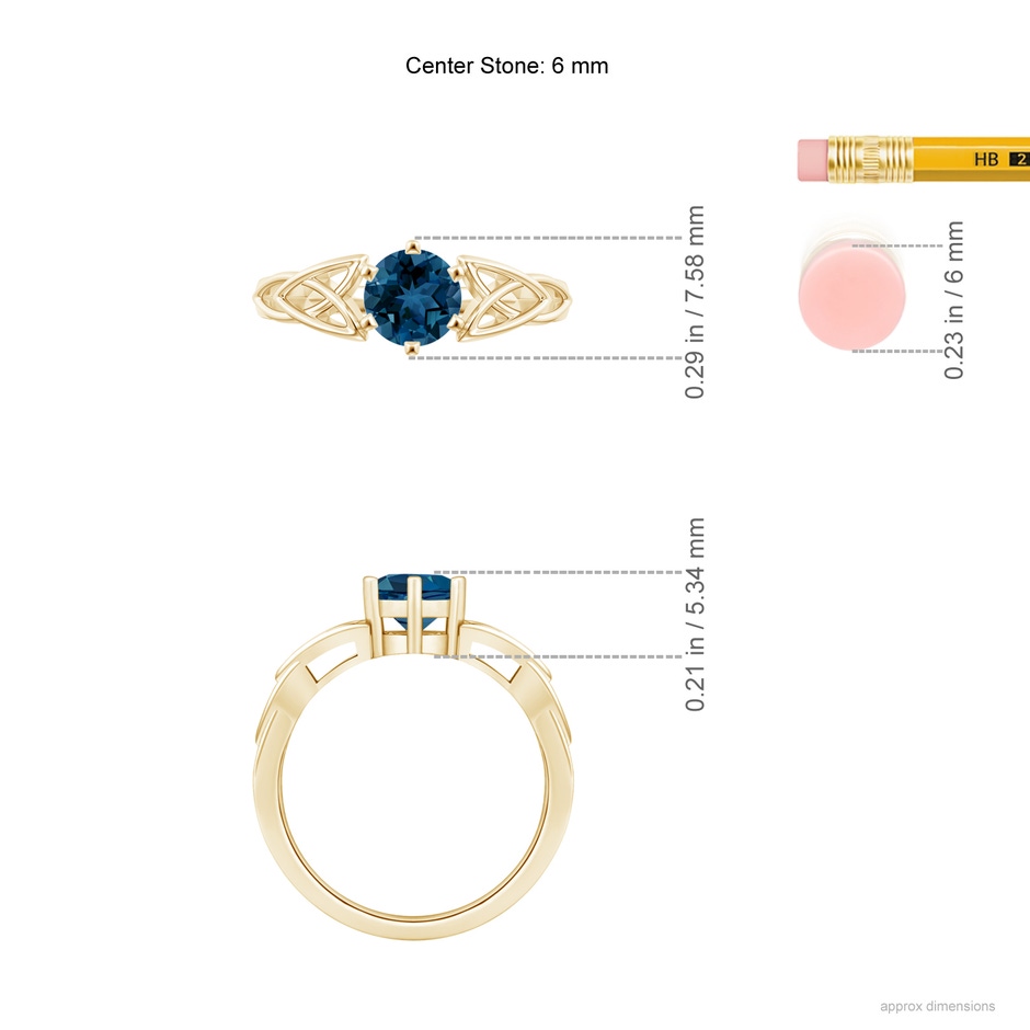 6mm AAA Solitaire Round London Blue Topaz Celtic Knot Ring in Yellow Gold ruler