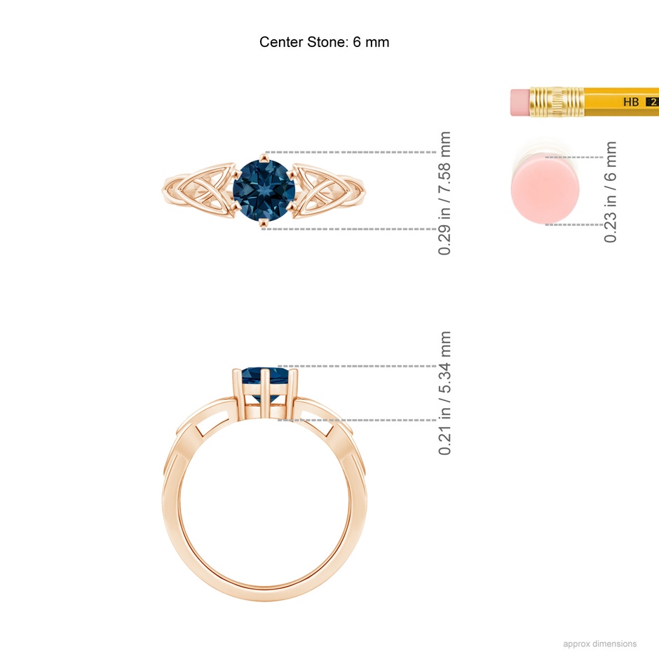 6mm AAAA Solitaire Round London Blue Topaz Celtic Knot Ring in Rose Gold ruler