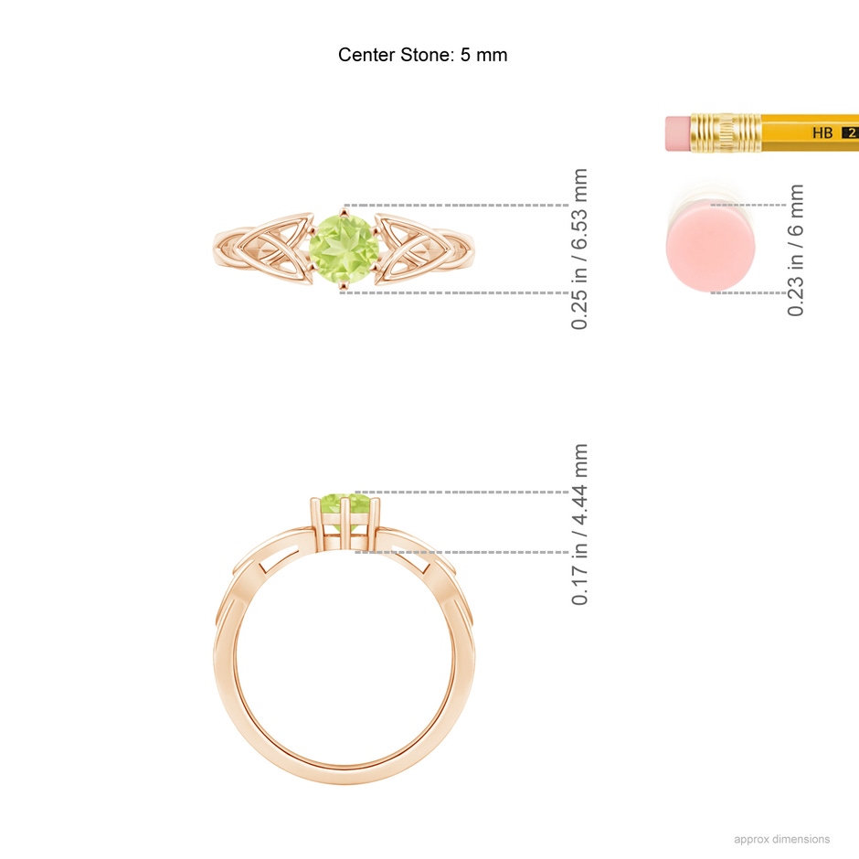 5mm A Solitaire Round Peridot Celtic Knot Ring in Rose Gold ruler