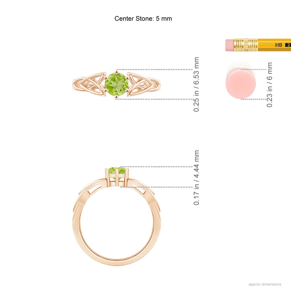 5mm AA Solitaire Round Peridot Celtic Knot Ring in Rose Gold ruler