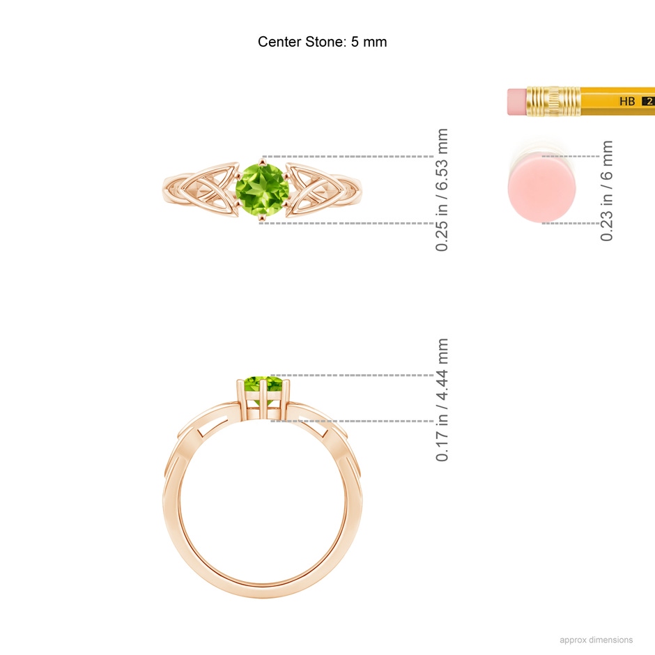 5mm AAA Solitaire Round Peridot Celtic Knot Ring in Rose Gold ruler