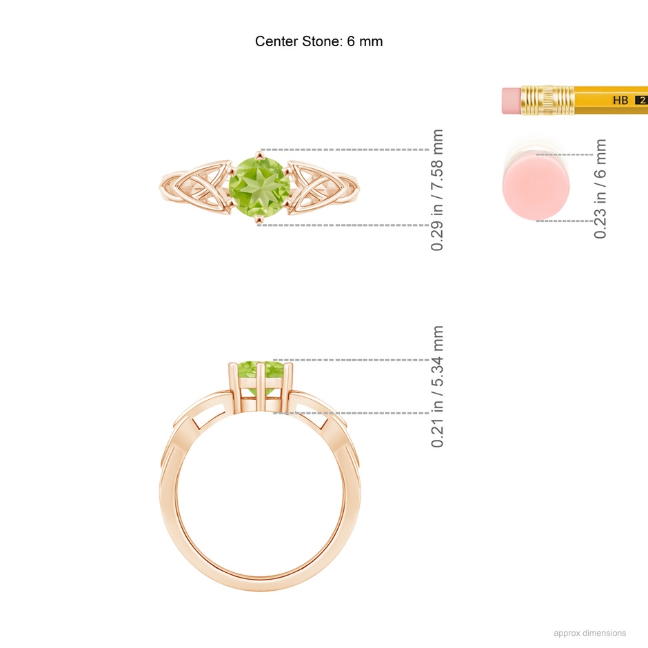 6mm AA Solitaire Round Peridot Celtic Knot Ring in Rose Gold ruler