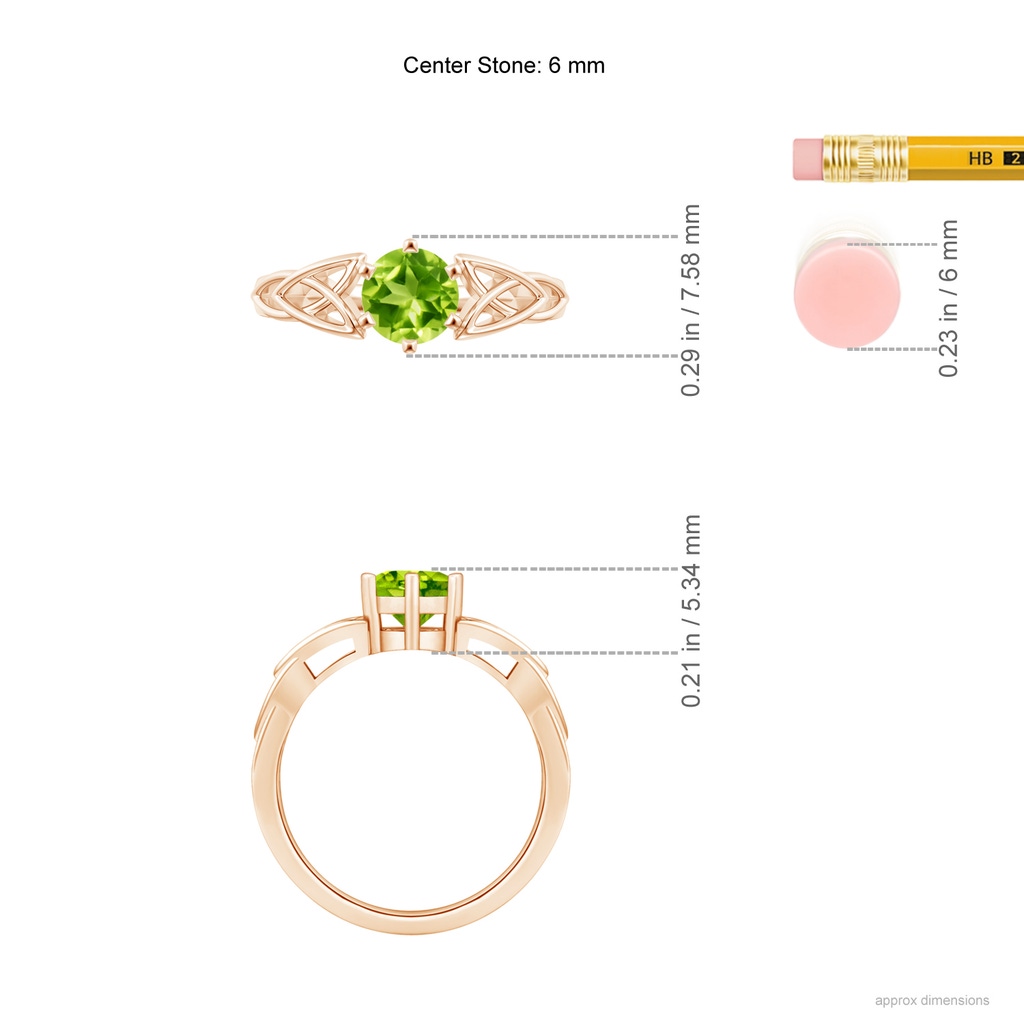 6mm AAA Solitaire Round Peridot Celtic Knot Ring in Rose Gold Ruler
