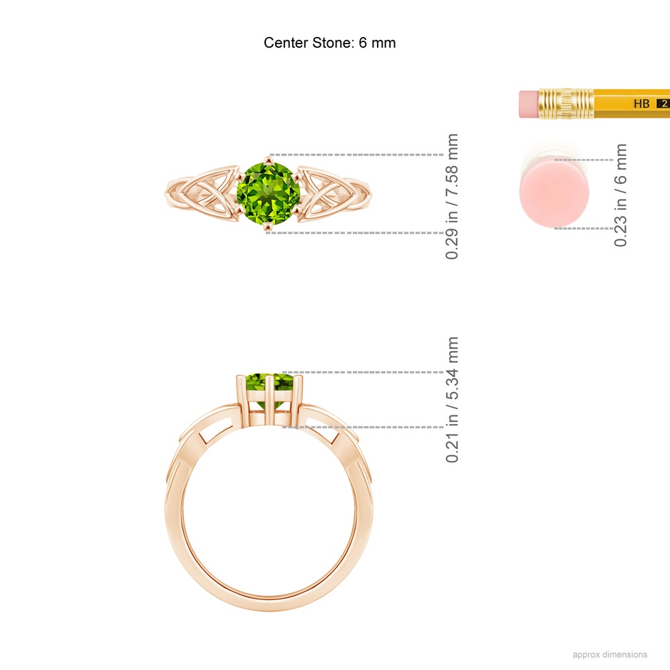 6mm AAAA Solitaire Round Peridot Celtic Knot Ring in Rose Gold ruler