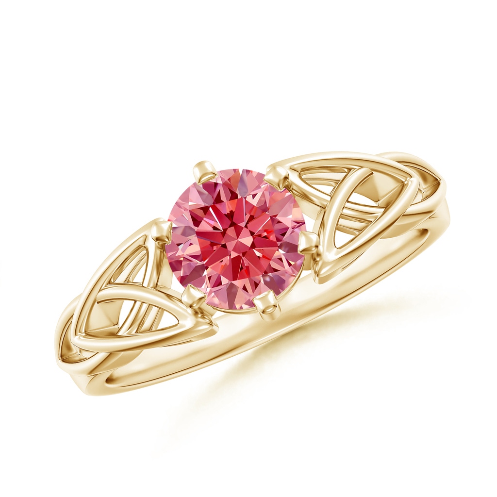 6.4mm AAAA Solitaire Round Fancy Intense Pink Diamond Celtic Knot Ring in Yellow Gold