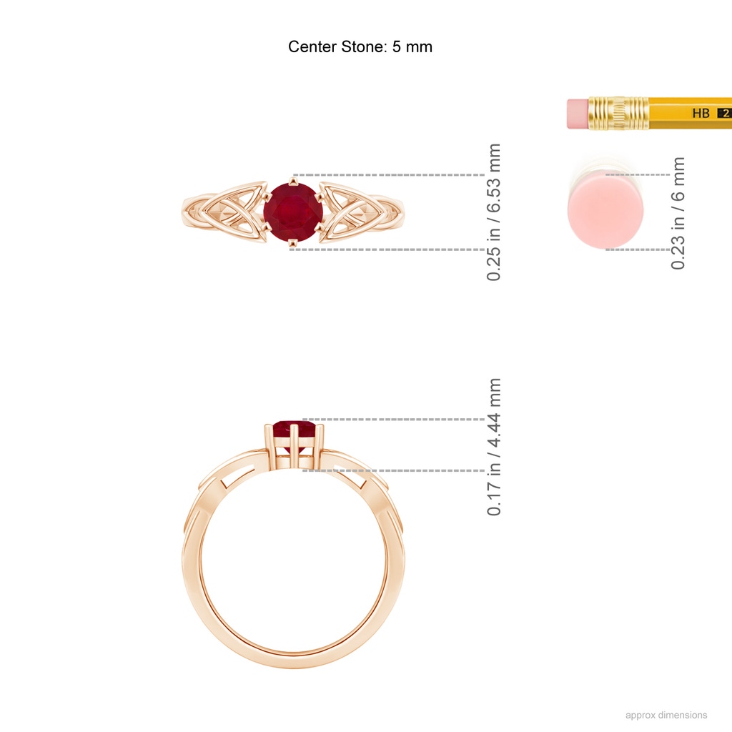 5mm AA Solitaire Round Ruby Celtic Knot Ring in Rose Gold ruler