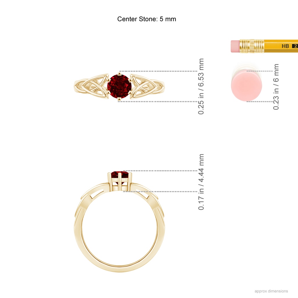 5mm AAAA Solitaire Round Ruby Celtic Knot Ring in Yellow Gold ruler