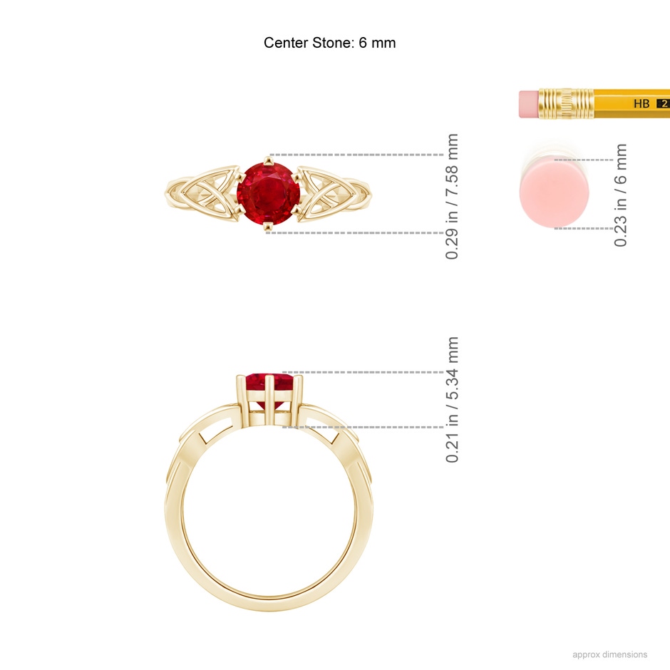 6mm AAA Solitaire Round Ruby Celtic Knot Ring in Yellow Gold ruler