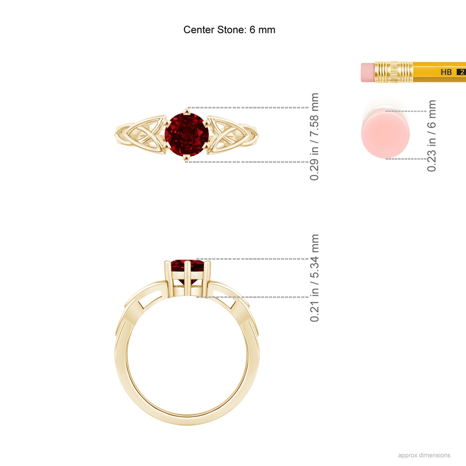 6mm AAAA Solitaire Round Ruby Celtic Knot Ring in Yellow Gold ruler