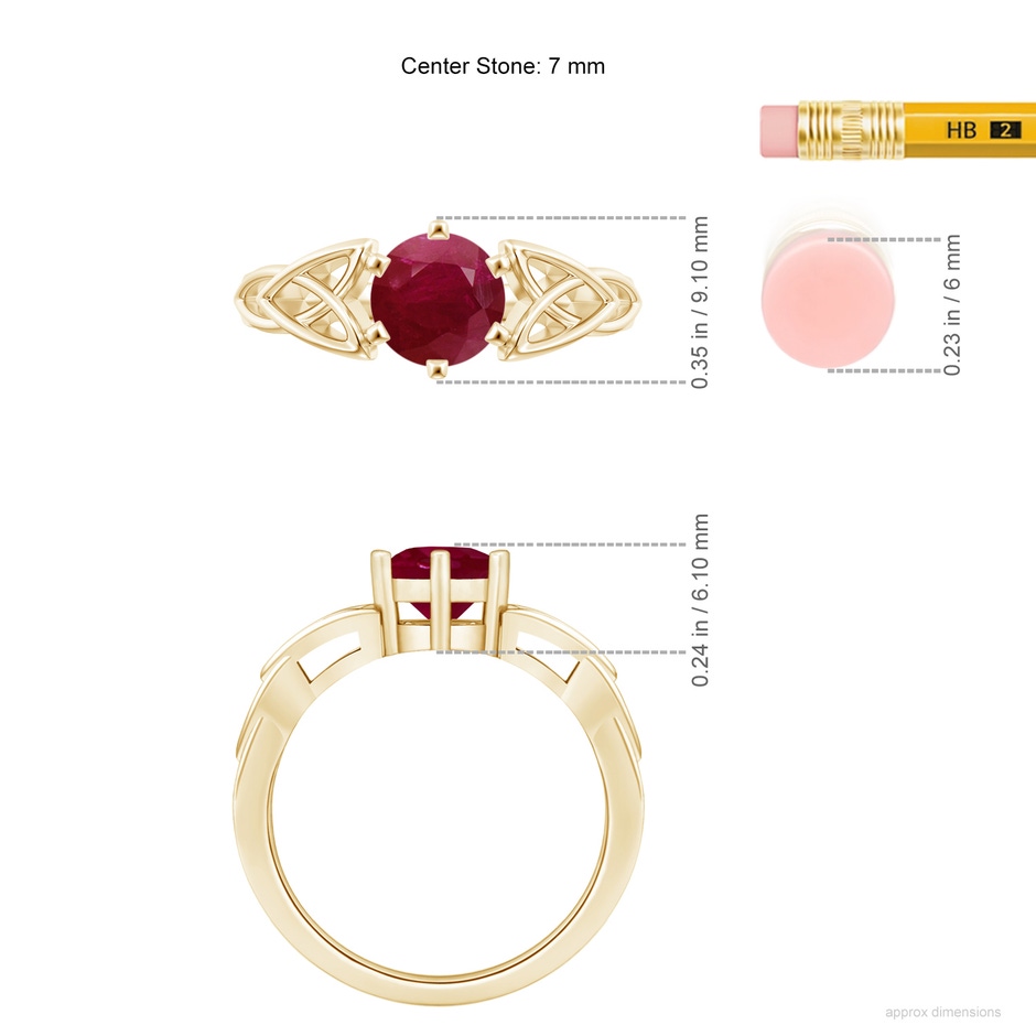 7mm A Solitaire Round Ruby Celtic Knot Ring in Yellow Gold ruler