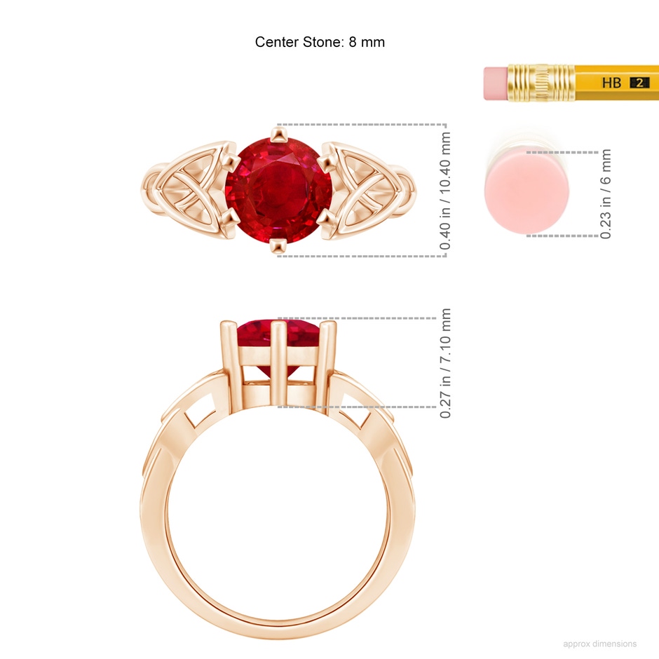 8mm AAA Solitaire Round Ruby Celtic Knot Ring in Rose Gold ruler