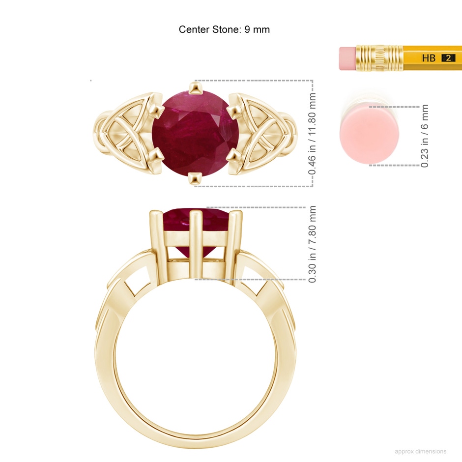 9mm A Solitaire Round Ruby Celtic Knot Ring in Yellow Gold ruler