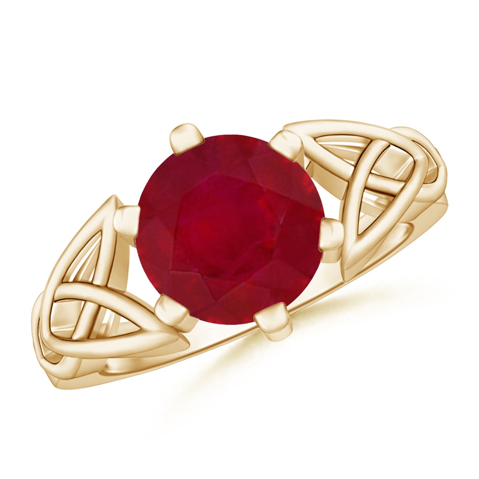 9mm AA Solitaire Round Ruby Celtic Knot Ring in Yellow Gold 