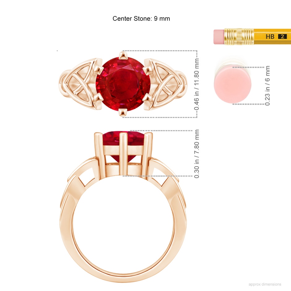 9mm AAA Solitaire Round Ruby Celtic Knot Ring in Rose Gold ruler