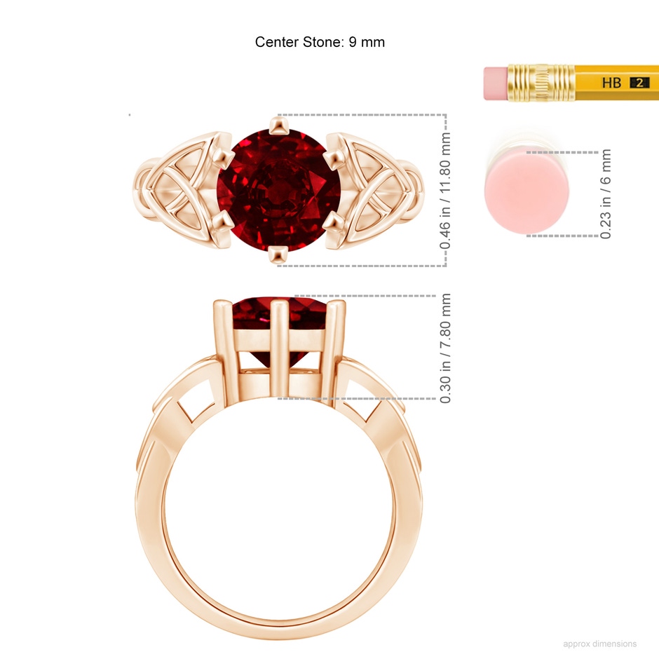 9mm AAAA Solitaire Round Ruby Celtic Knot Ring in Rose Gold ruler