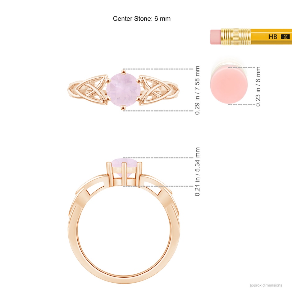 6mm A Solitaire Round Rose Quartz Celtic Knot Ring in Rose Gold ruler