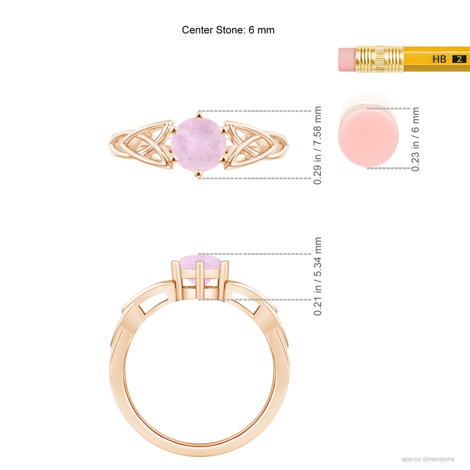 6mm AAA Solitaire Round Rose Quartz Celtic Knot Ring in Rose Gold ruler