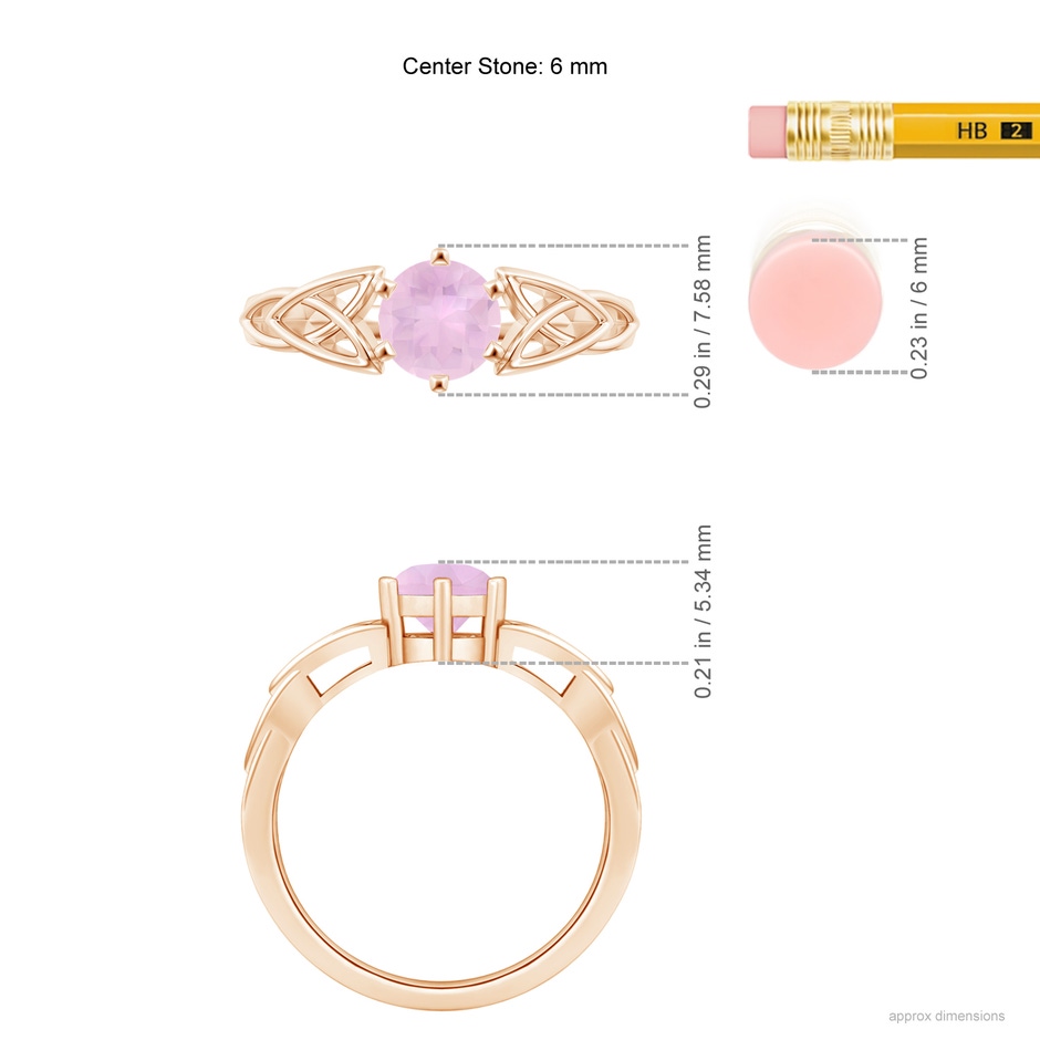 6mm AAAA Solitaire Round Rose Quartz Celtic Knot Ring in Rose Gold ruler