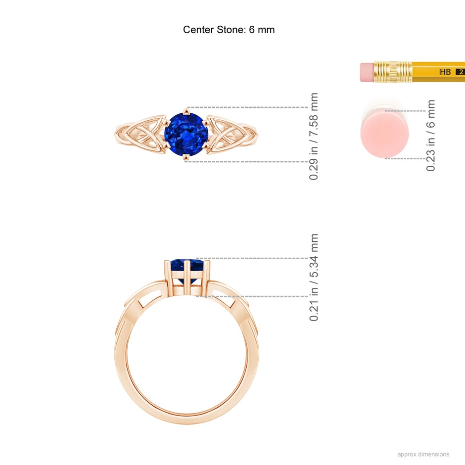 6mm AAAA Solitaire Round Sapphire Celtic Knot Ring in Rose Gold ruler