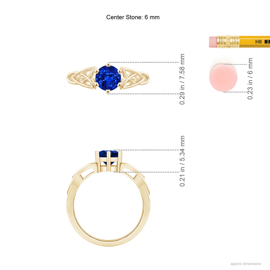 6mm AAAA Solitaire Round Sapphire Celtic Knot Ring in Yellow Gold ruler