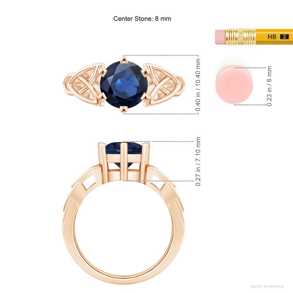 8mm AA Solitaire Round Sapphire Celtic Knot Ring in Rose Gold ruler