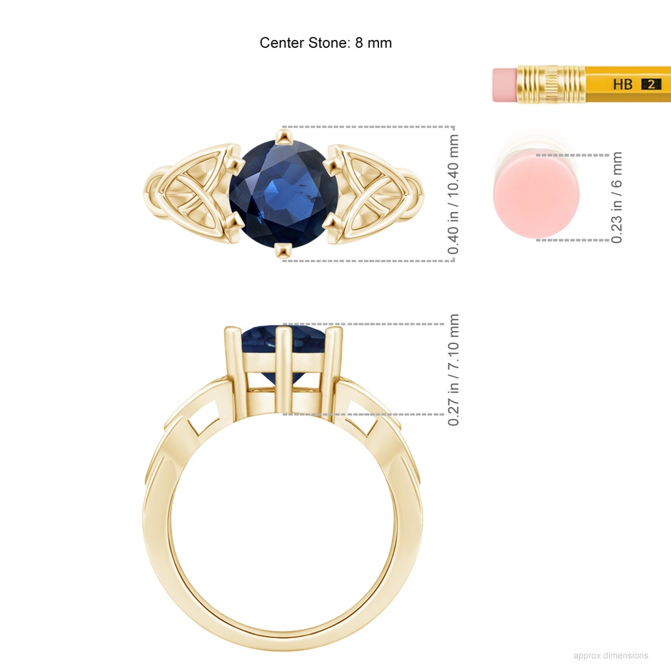 8mm AA Solitaire Round Sapphire Celtic Knot Ring in Yellow Gold ruler