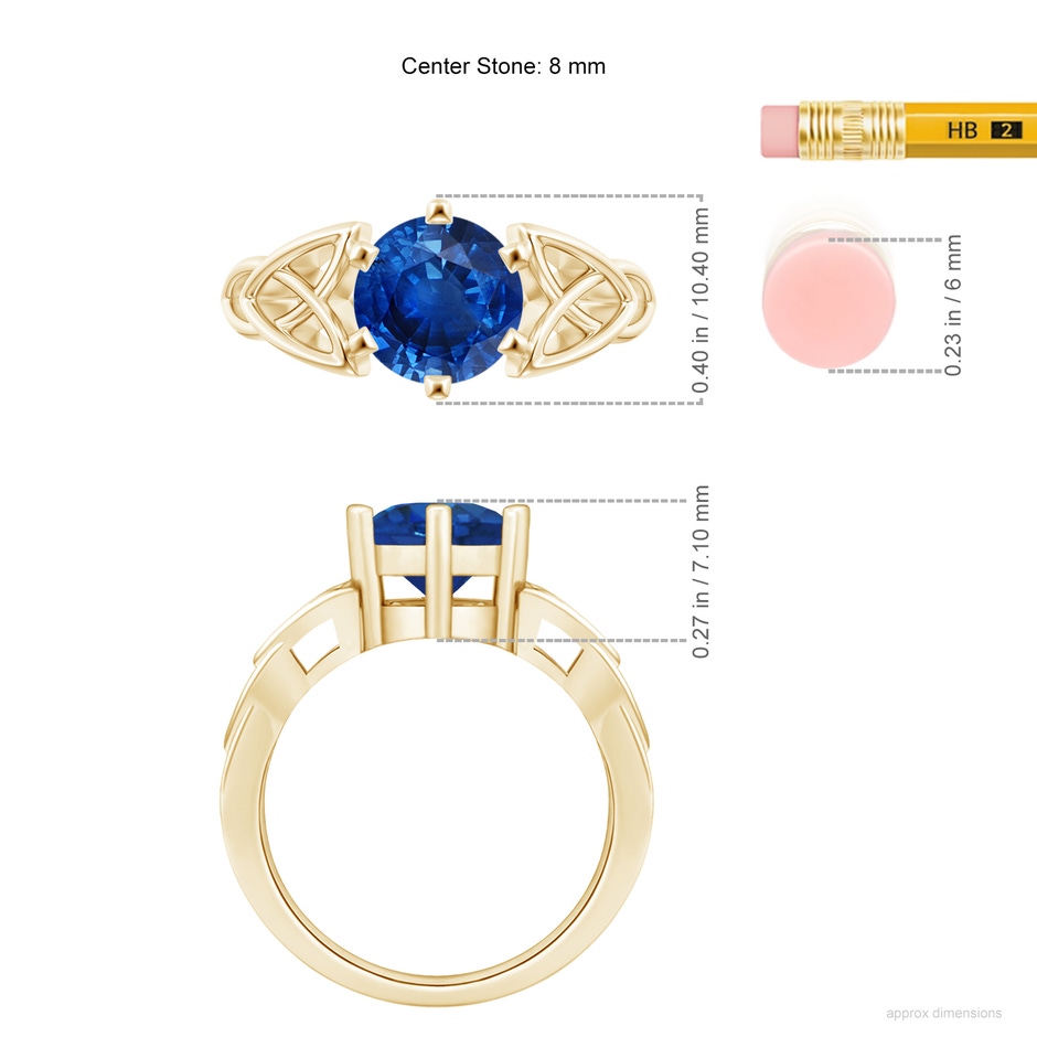 8mm AAA Solitaire Round Sapphire Celtic Knot Ring in Yellow Gold ruler