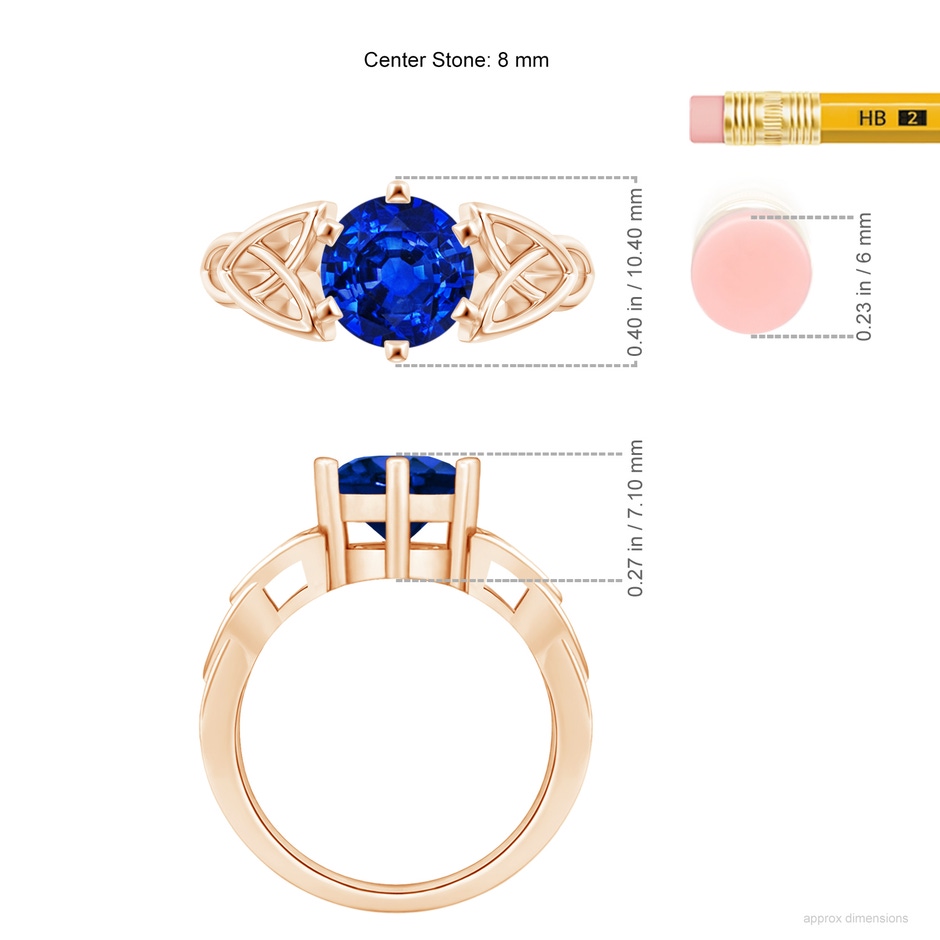 8mm AAAA Solitaire Round Sapphire Celtic Knot Ring in Rose Gold ruler
