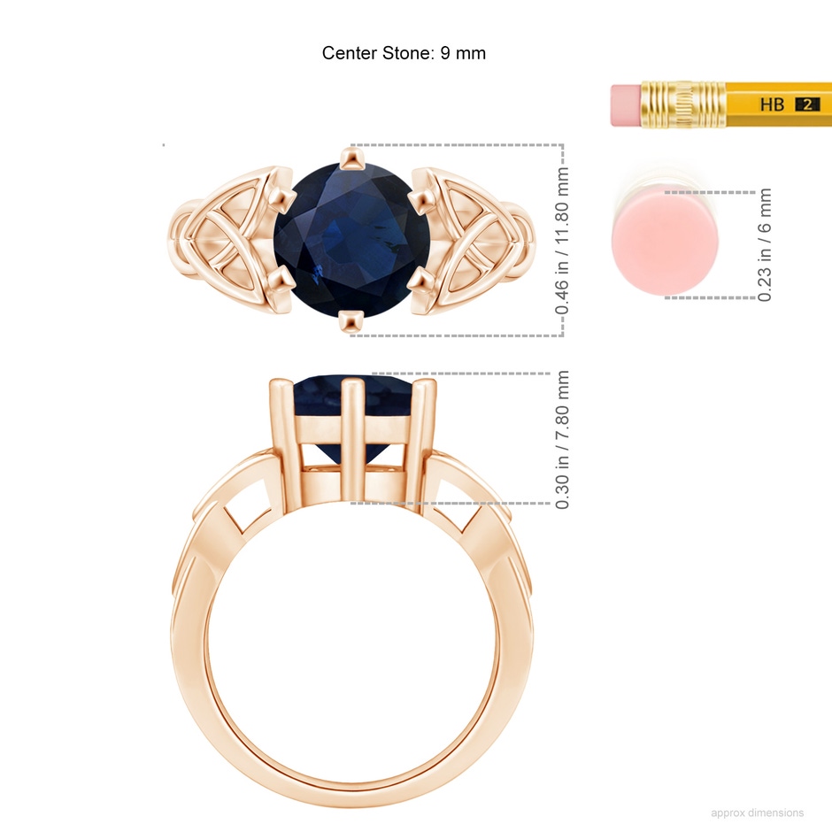 9mm A Solitaire Round Sapphire Celtic Knot Ring in Rose Gold ruler