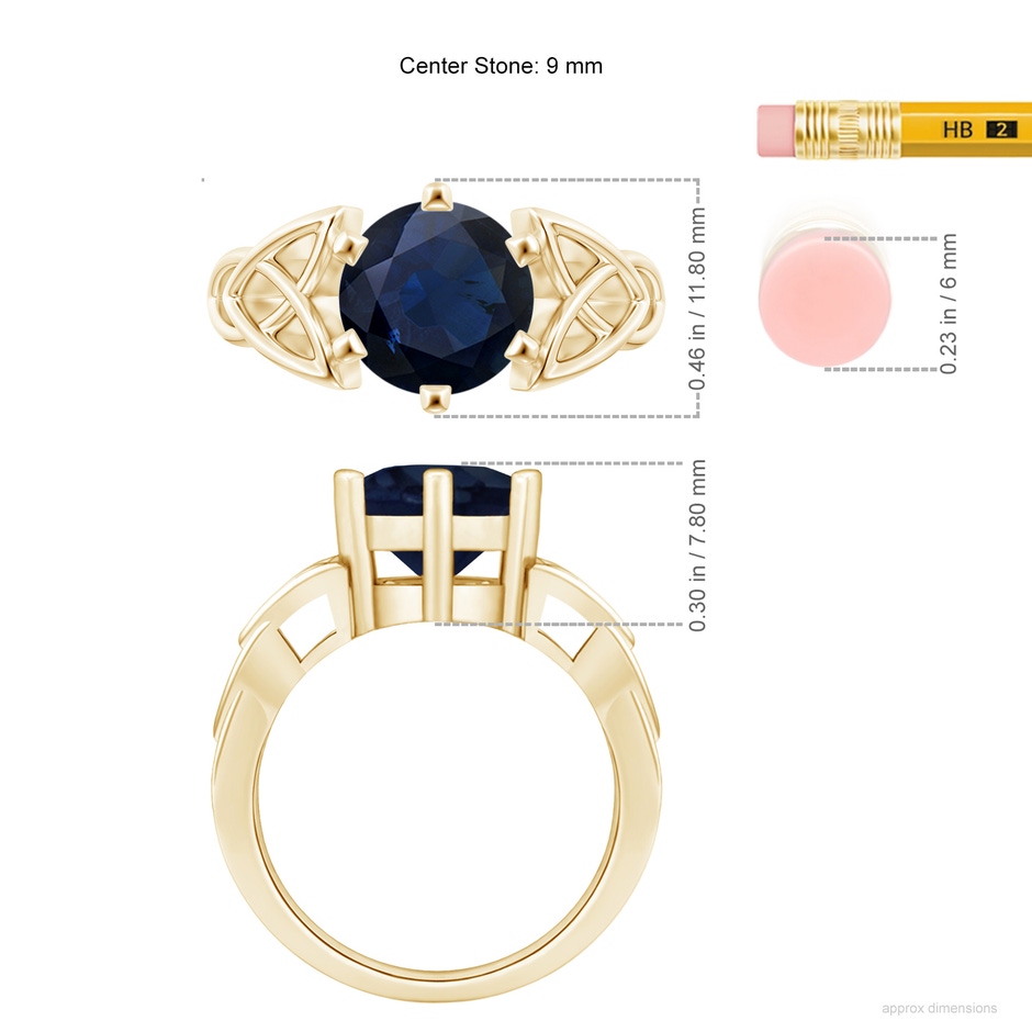 9mm A Solitaire Round Sapphire Celtic Knot Ring in Yellow Gold ruler