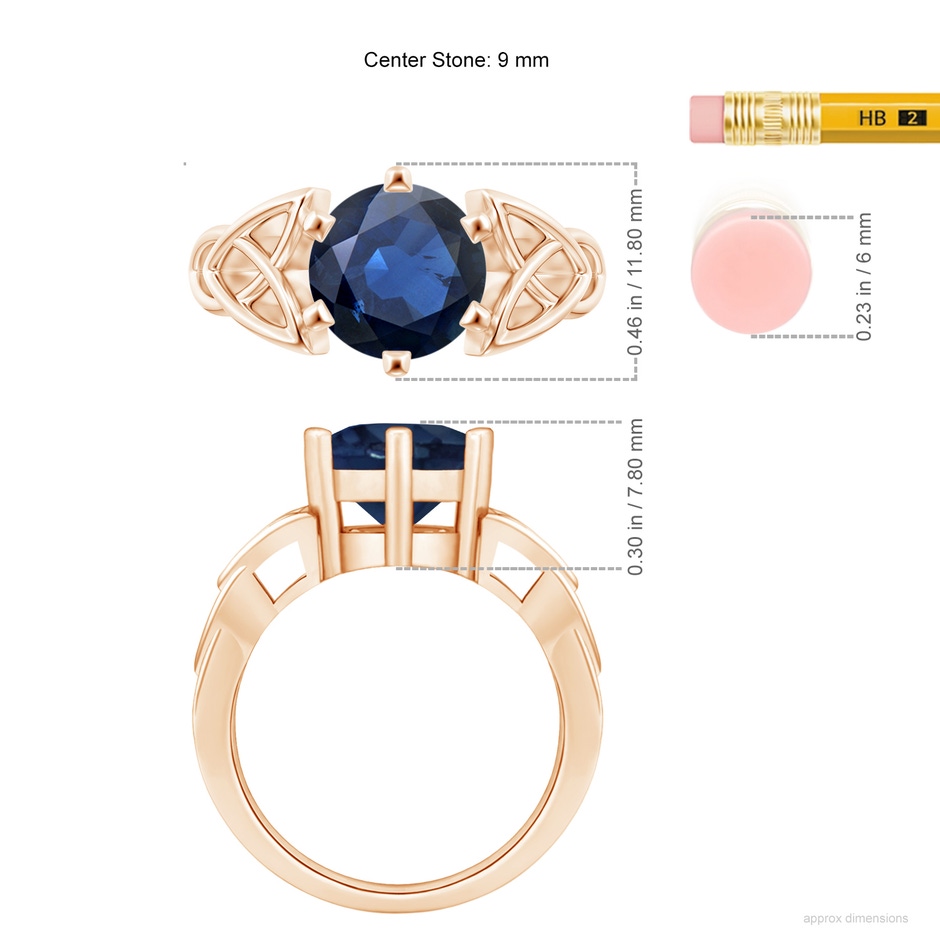 9mm AA Solitaire Round Sapphire Celtic Knot Ring in Rose Gold ruler