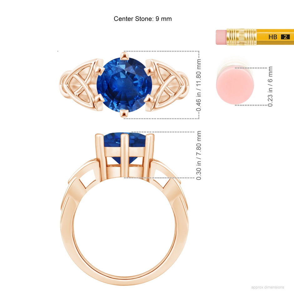 9mm AAA Solitaire Round Sapphire Celtic Knot Ring in Rose Gold ruler
