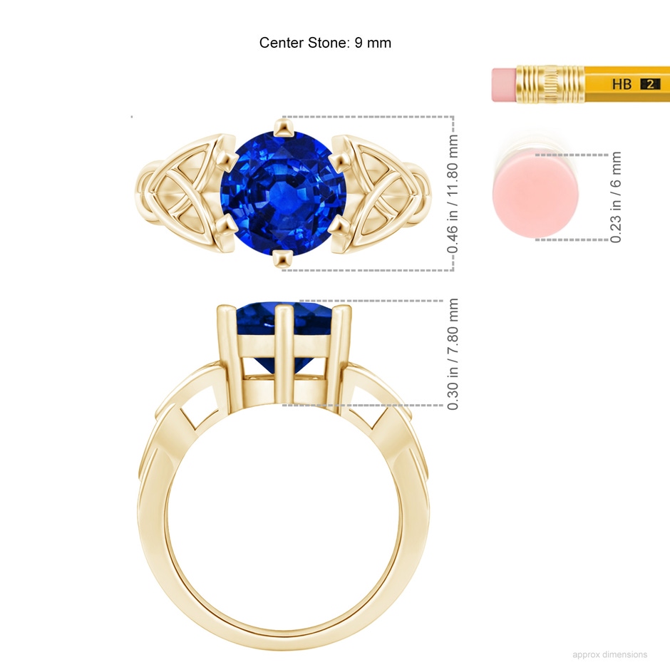 9mm Lab-Grown Solitaire Round Sapphire Celtic Knot Ring in Yellow Gold ruler