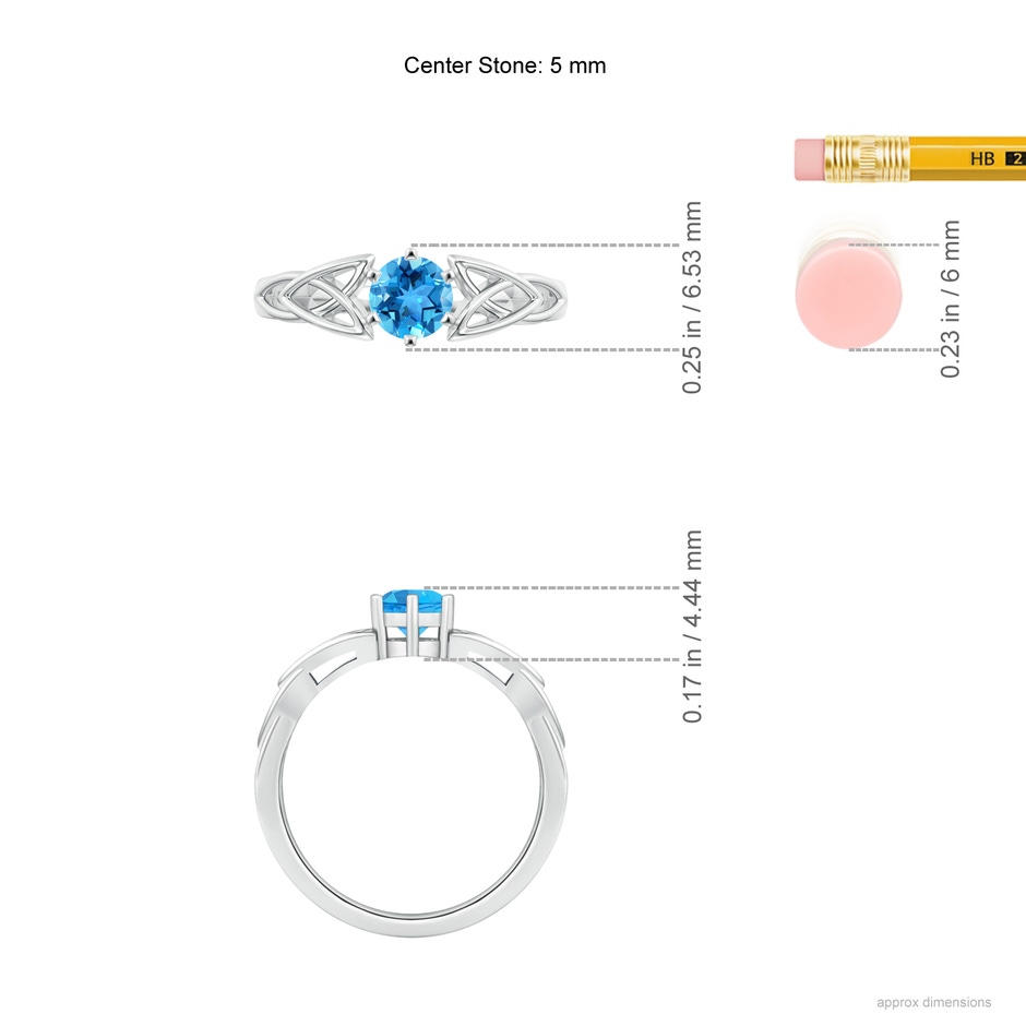 5mm AAA Solitaire Round Swiss Blue Topaz Celtic Knot Ring in 18K White Gold ruler