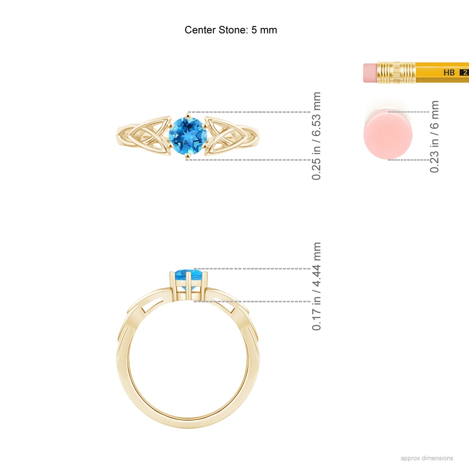5mm AAA Solitaire Round Swiss Blue Topaz Celtic Knot Ring in Yellow Gold ruler