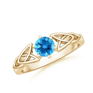 5mm AAAA Solitaire Round Swiss Blue Topaz Celtic Knot Ring in Yellow Gold