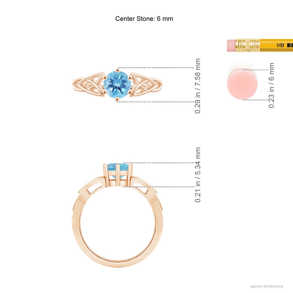 6mm A Solitaire Round Swiss Blue Topaz Celtic Knot Ring in Rose Gold ruler