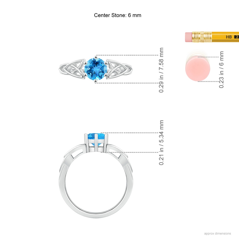 6mm AAA Solitaire Round Swiss Blue Topaz Celtic Knot Ring in 18K White Gold ruler