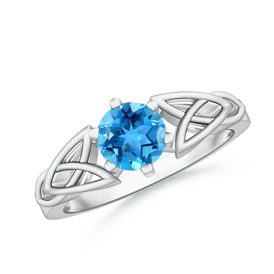 6mm AAA Solitaire Round Swiss Blue Topaz Celtic Knot Ring in White Gold 