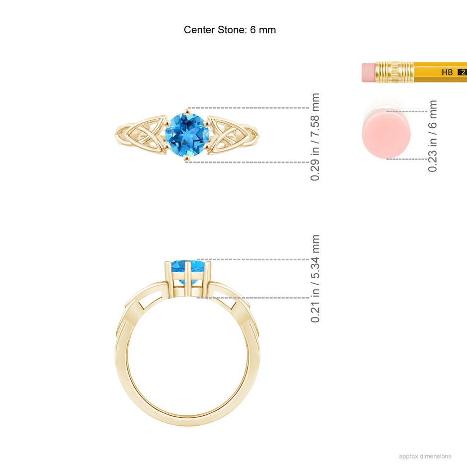 6mm AAA Solitaire Round Swiss Blue Topaz Celtic Knot Ring in Yellow Gold ruler