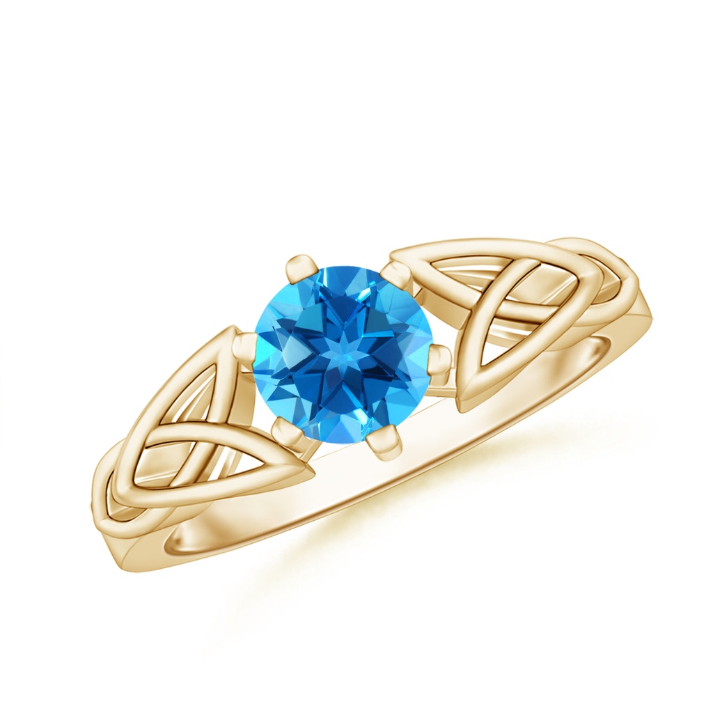 6mm AAAA Solitaire Round Swiss Blue Topaz Celtic Knot Ring in Yellow Gold