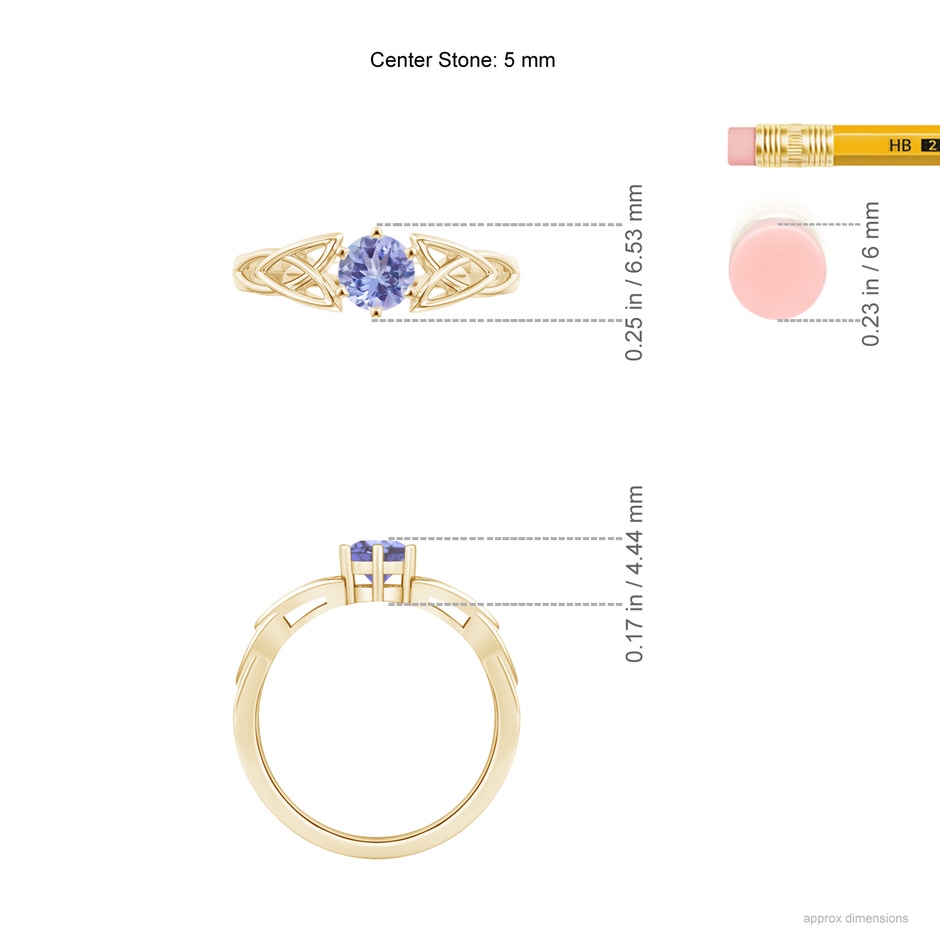 5mm AA Solitaire Round Tanzanite Celtic Knot Ring in Yellow Gold ruler