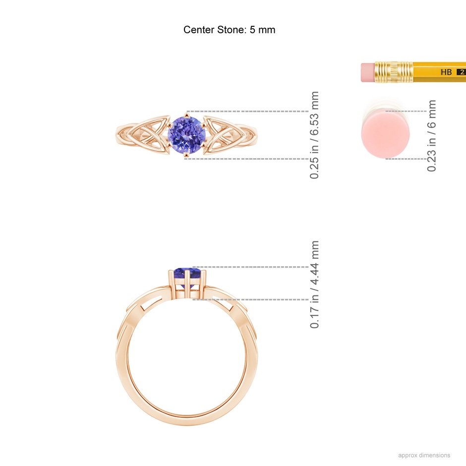 5mm AAA Solitaire Round Tanzanite Celtic Knot Ring in Rose Gold ruler