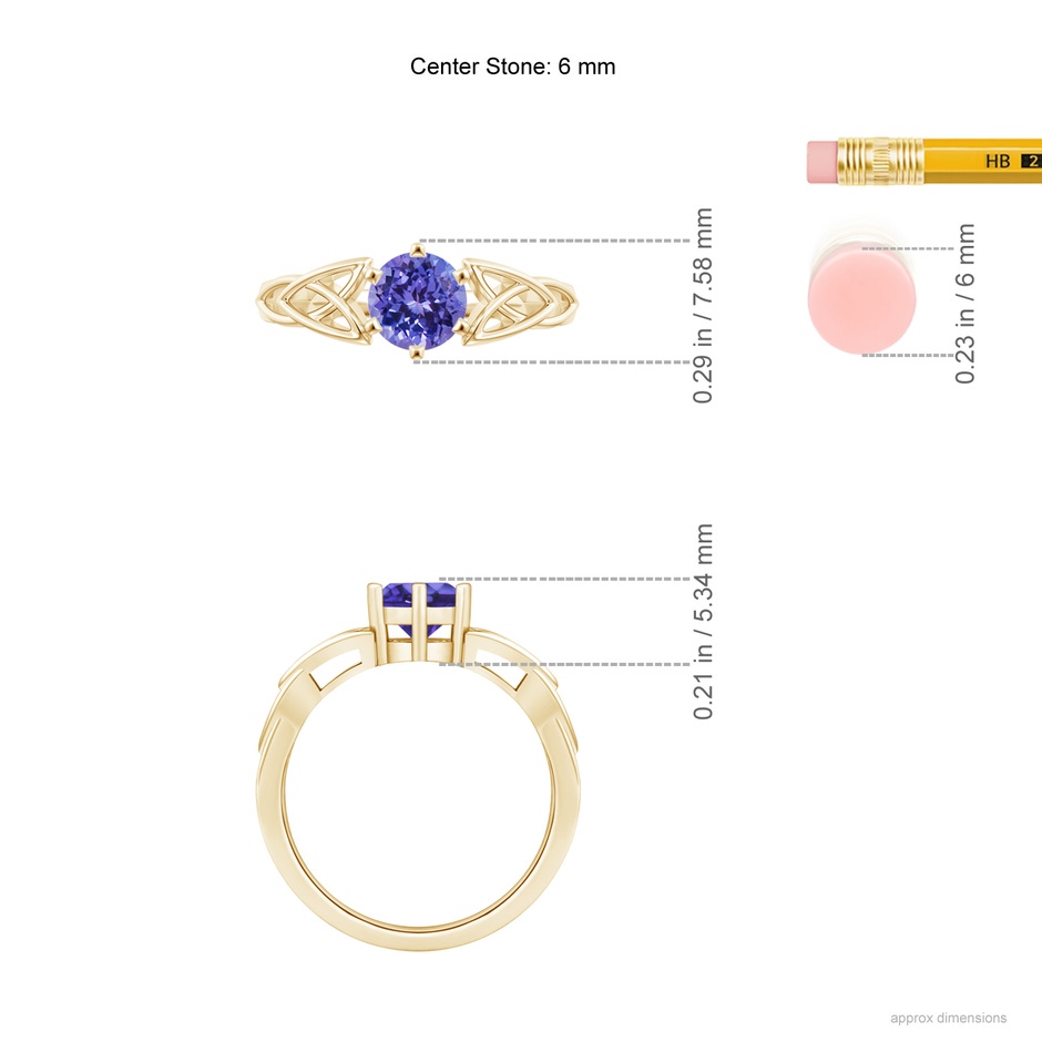 6mm AA Solitaire Round Tanzanite Celtic Knot Ring in Yellow Gold ruler